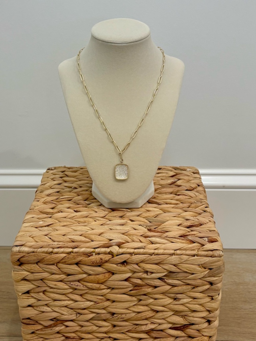 Gold Tone Chain Necklace with Sparkling Square Pendant